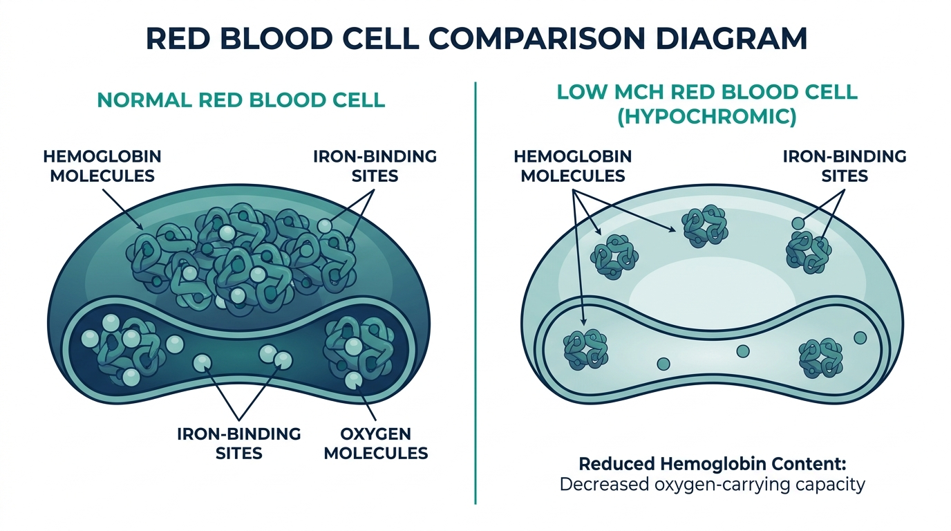 Diagram comparing a normal hemoglobin-rich red blood cell to a pale, hypochromic red blood cell seen with low MCH