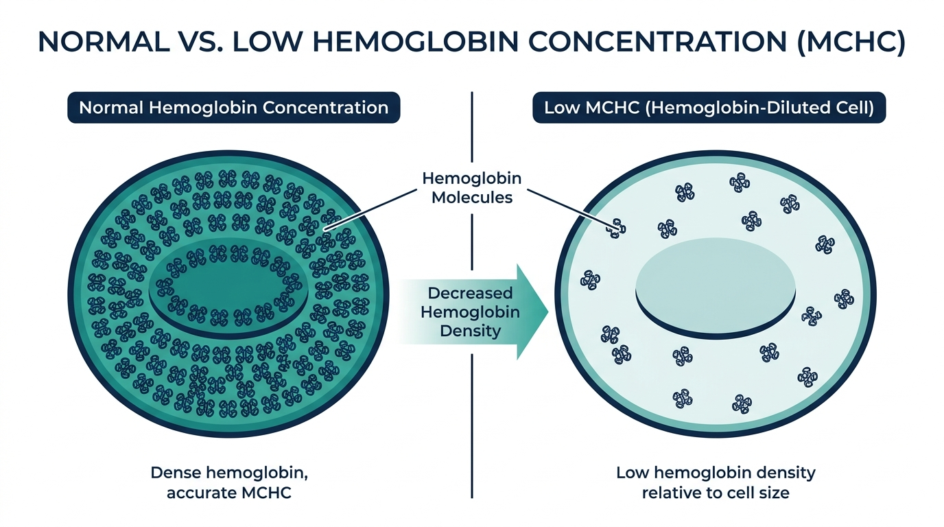 Diagram comparing a normal hemoglobin-dense red blood cell to a paler cell with low hemoglobin concentration seen with low MCHC