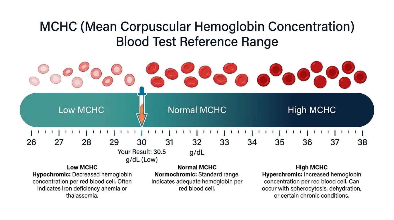 Reference range chart showing low, normal, and high bands for Mean Corpuscular Hemoglobin Concentration, with pointer at low band