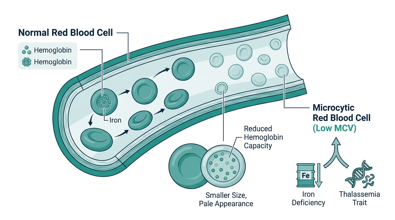 Diagram comparing a normal-sized red blood cell to a small microcytic red blood cell seen with low MCV
