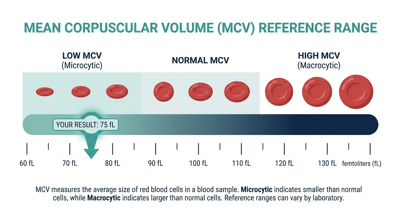 Reference range chart showing low, normal, and high bands for Mean Corpuscular Volume (MCV) with pointer at low band
