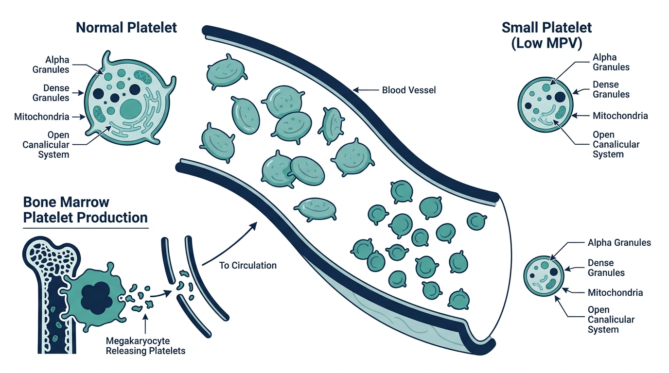 Diagram comparing normal-sized platelets to smaller low-MPV platelets, with bone marrow platelet production shown