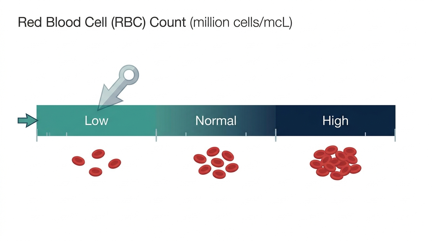 Schematic reference-range chart for red blood cell count showing Low, Normal, and High bands