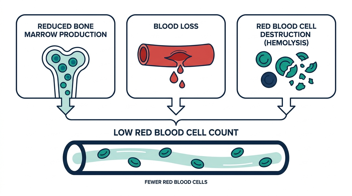 Diagram showing three pathways to low red blood cell count: reduced bone marrow production, blood loss, and red blood cell destruction