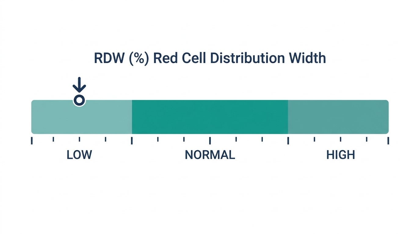 Schematic reference-range chart for red cell distribution width (RDW) showing Low, Normal, and High bands