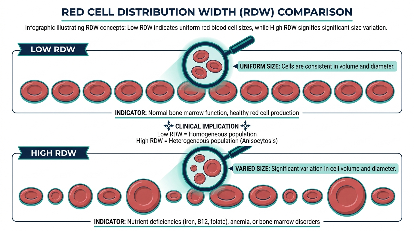 Diagram comparing uniformly sized red blood cells representing low RDW against varied-size red blood cells representing high RDW