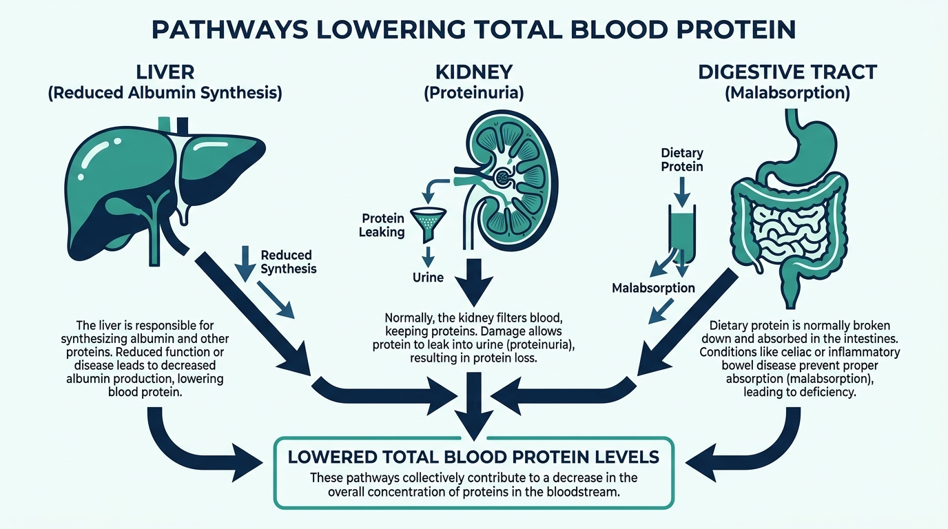 Diagram of three pathways that lower total blood protein: reduced liver synthesis, kidney protein loss, and gut malabsorption
