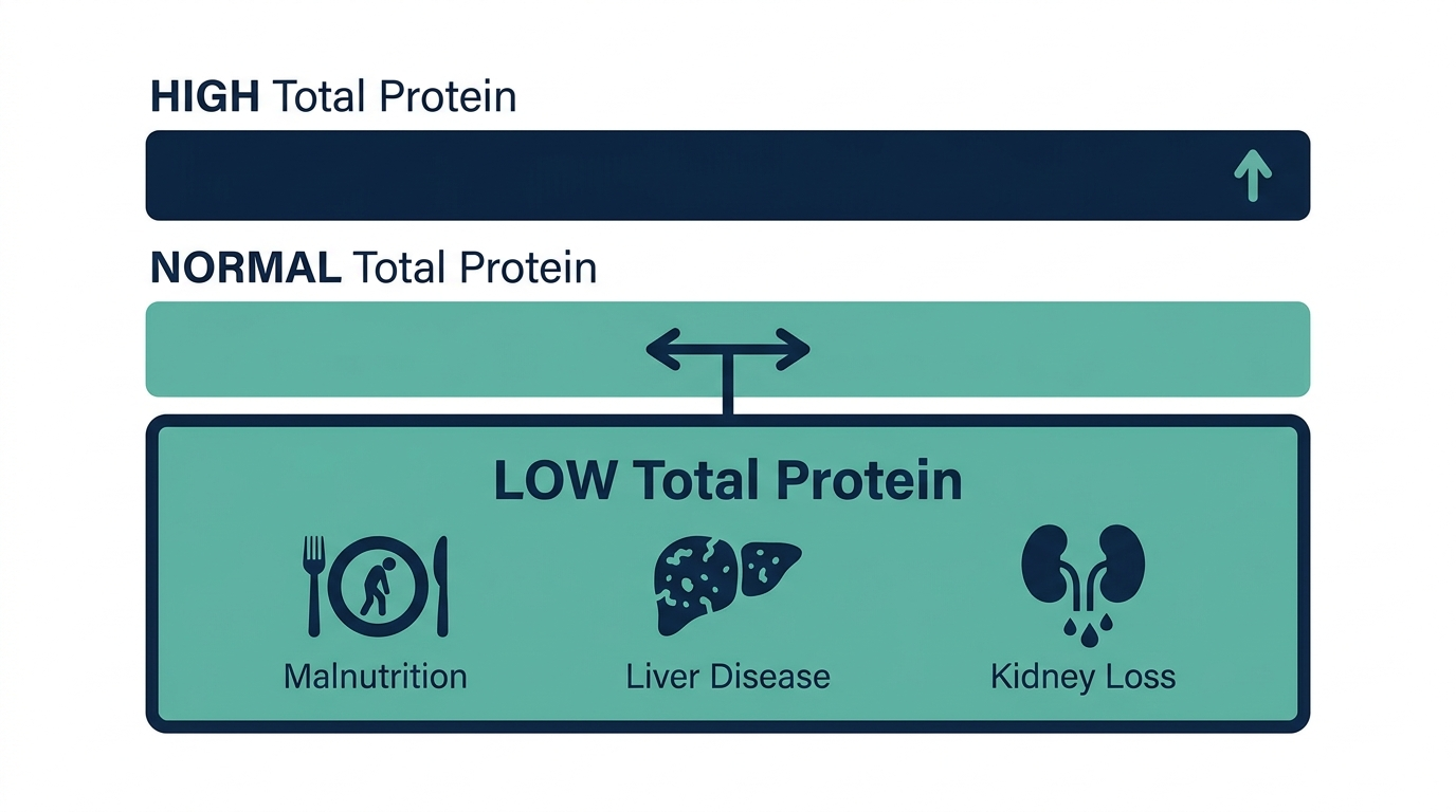 Schematic chart of total protein reference ranges showing low, normal, and high bands with the low band highlighted