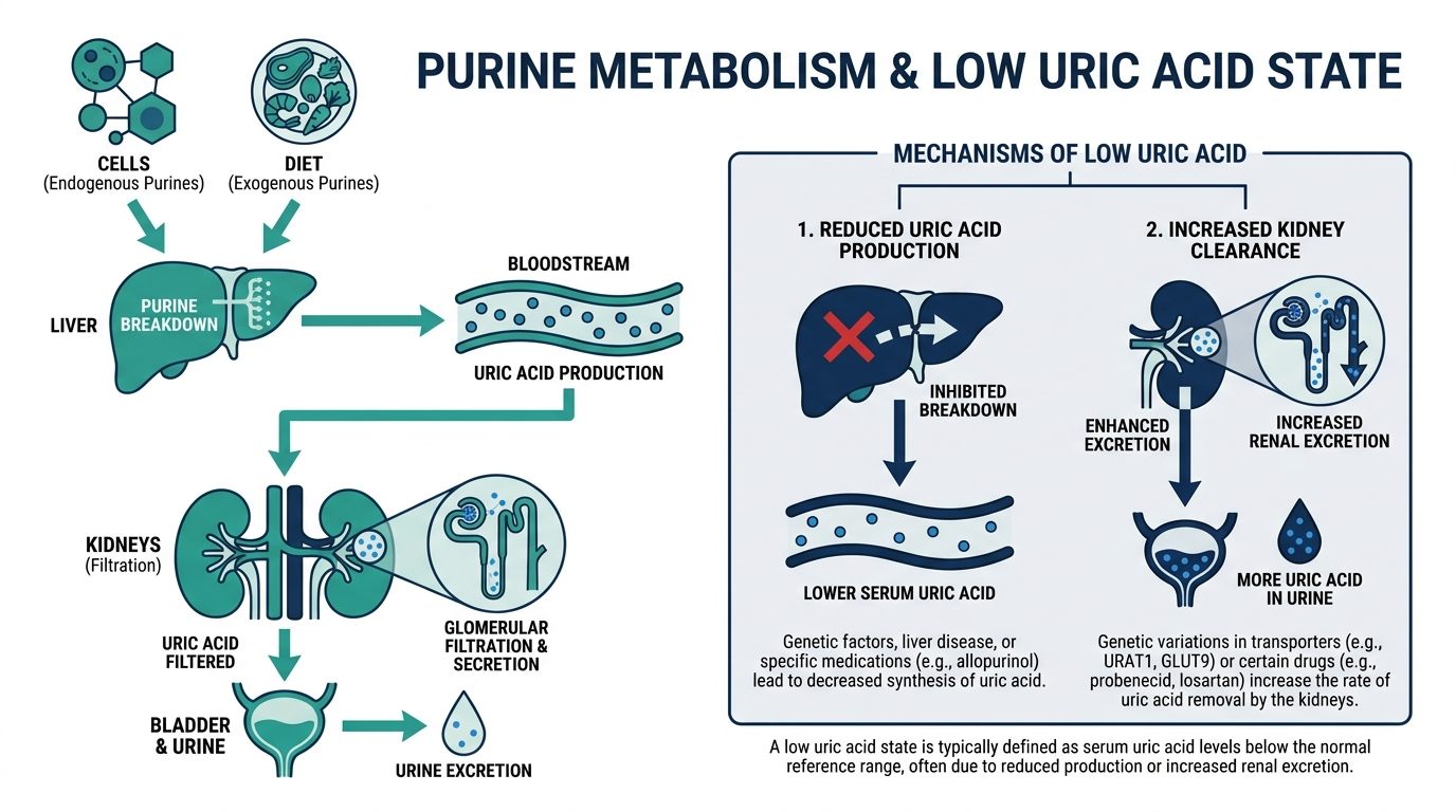 Diagram of purine metabolism showing the liver producing uric acid and the kidneys filtering it, with reduced output representing low uric acid