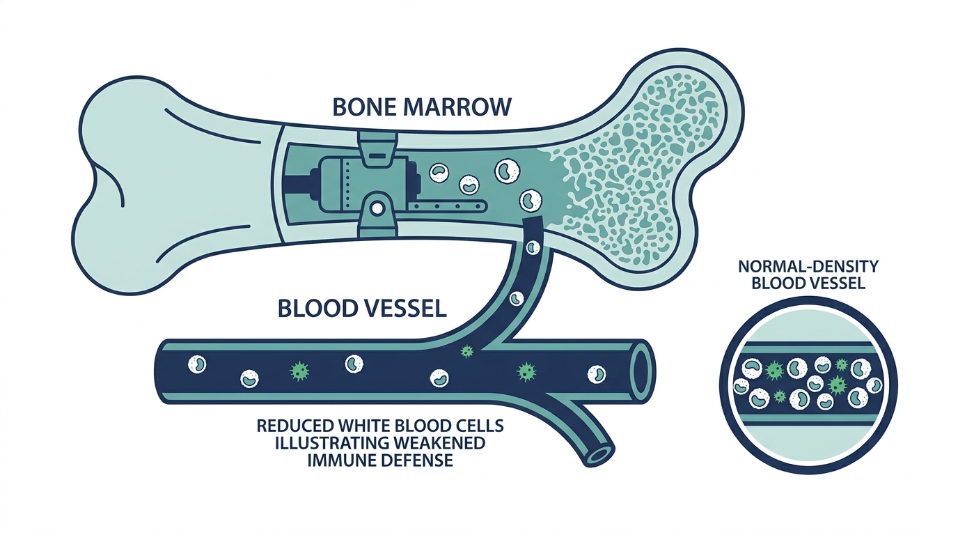 Diagram of bone marrow producing a reduced number of white blood cells, weakening immune defense
