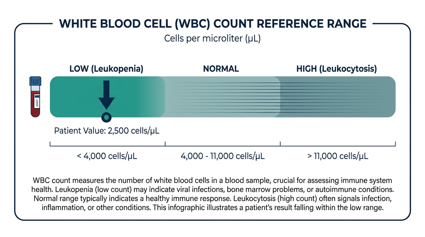 Reference range chart highlighting low white blood cell count among low, normal, and high bands