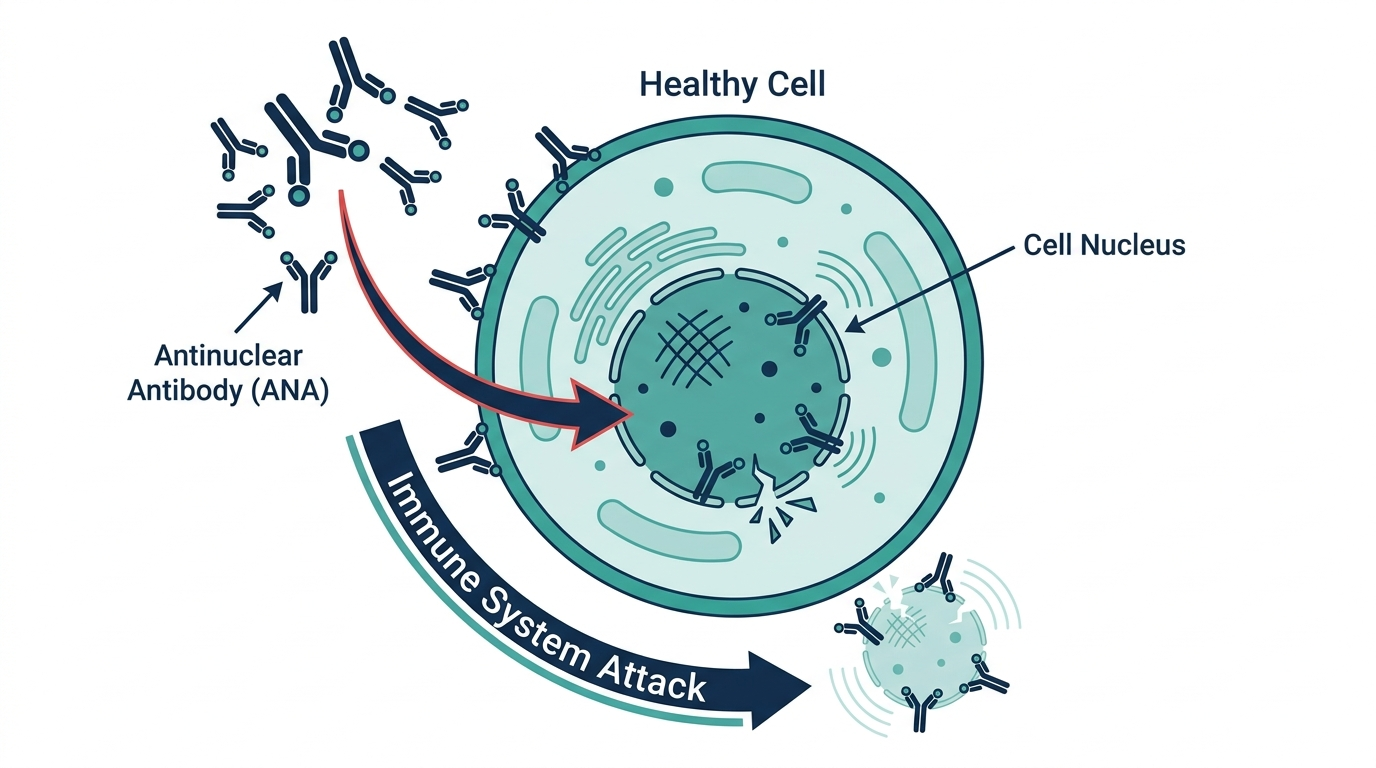 Diagram showing antinuclear antibodies (ANA) attacking the nucleus of a healthy cell, illustrating the autoimmune process behind lupus