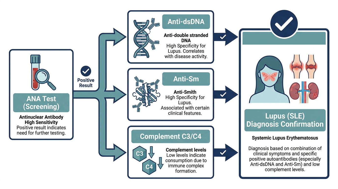 Flowchart of the lupus diagnostic blood panel, from ANA screening to confirmatory tests including anti-dsDNA, anti-Sm, and complement levels