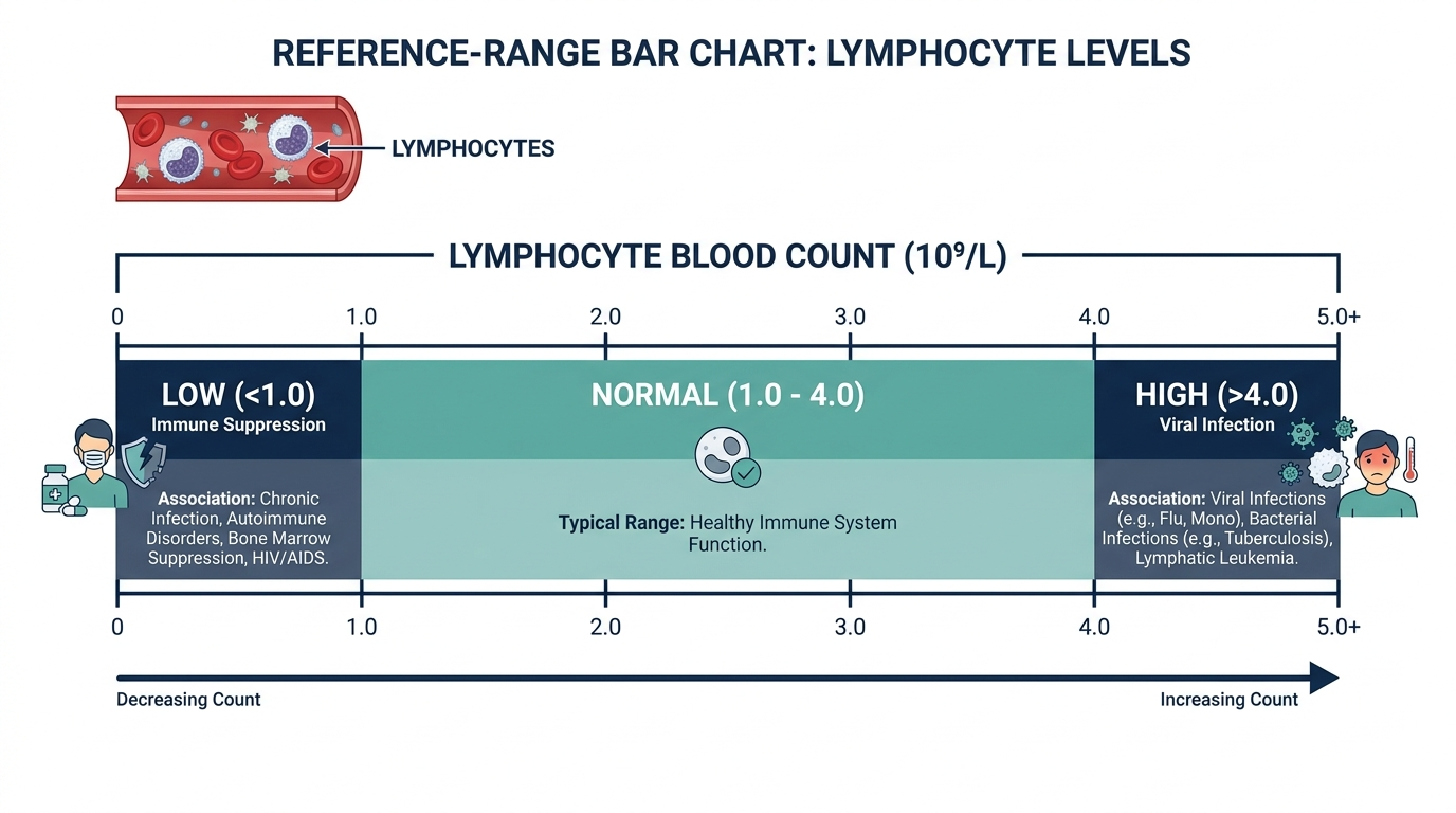 Schematic reference range chart for lymphocyte count showing low, normal, and high bands