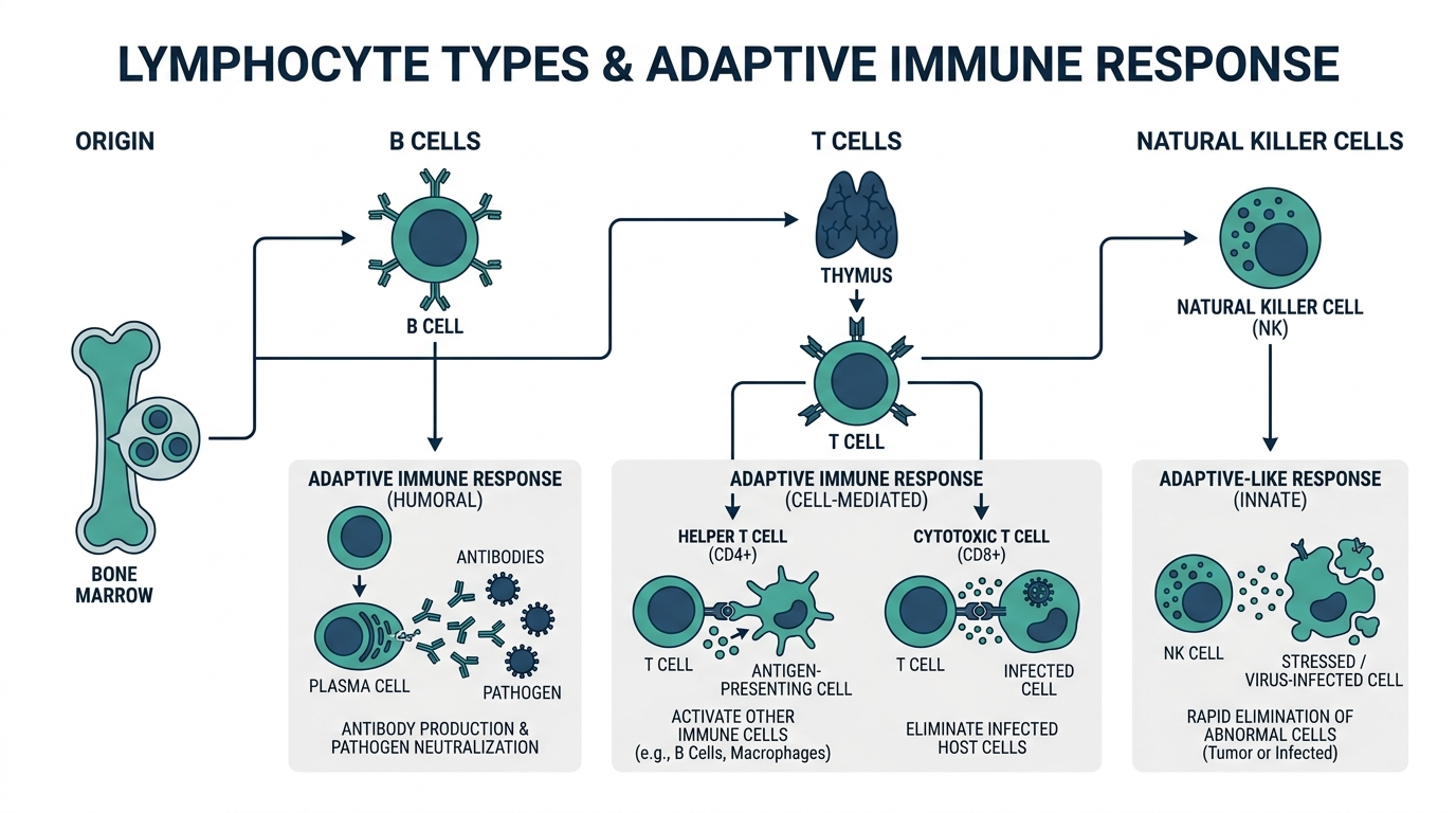 Diagram of B cells, T cells, and natural killer cells originating from bone marrow and thymus