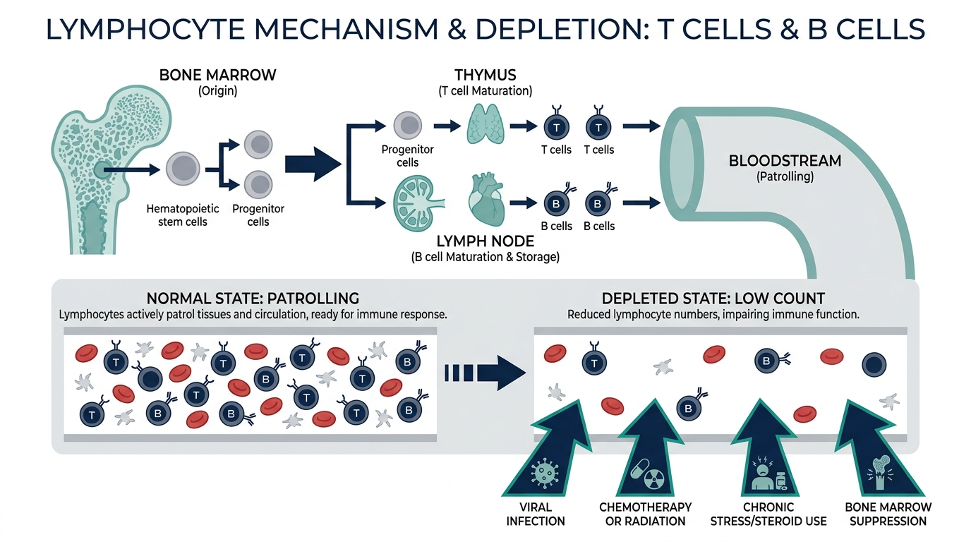 Diagram of lymphocytes made in bone marrow and matured in lymph nodes and thymus, showing causes of low lymphocyte counts such as viral infection and chemotherapy