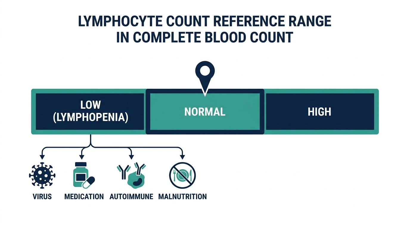 Schematic chart showing lymphocyte count reference bands from low to high, with common causes of a low result