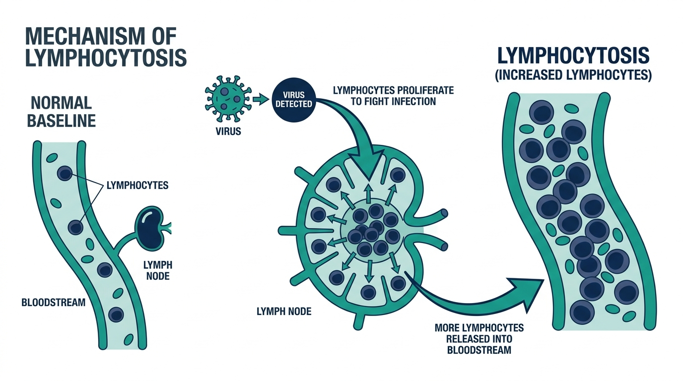 Diagram of lymphocytosis showing lymphocytes multiplying in lymph nodes in response to a viral infection and entering the bloodstream