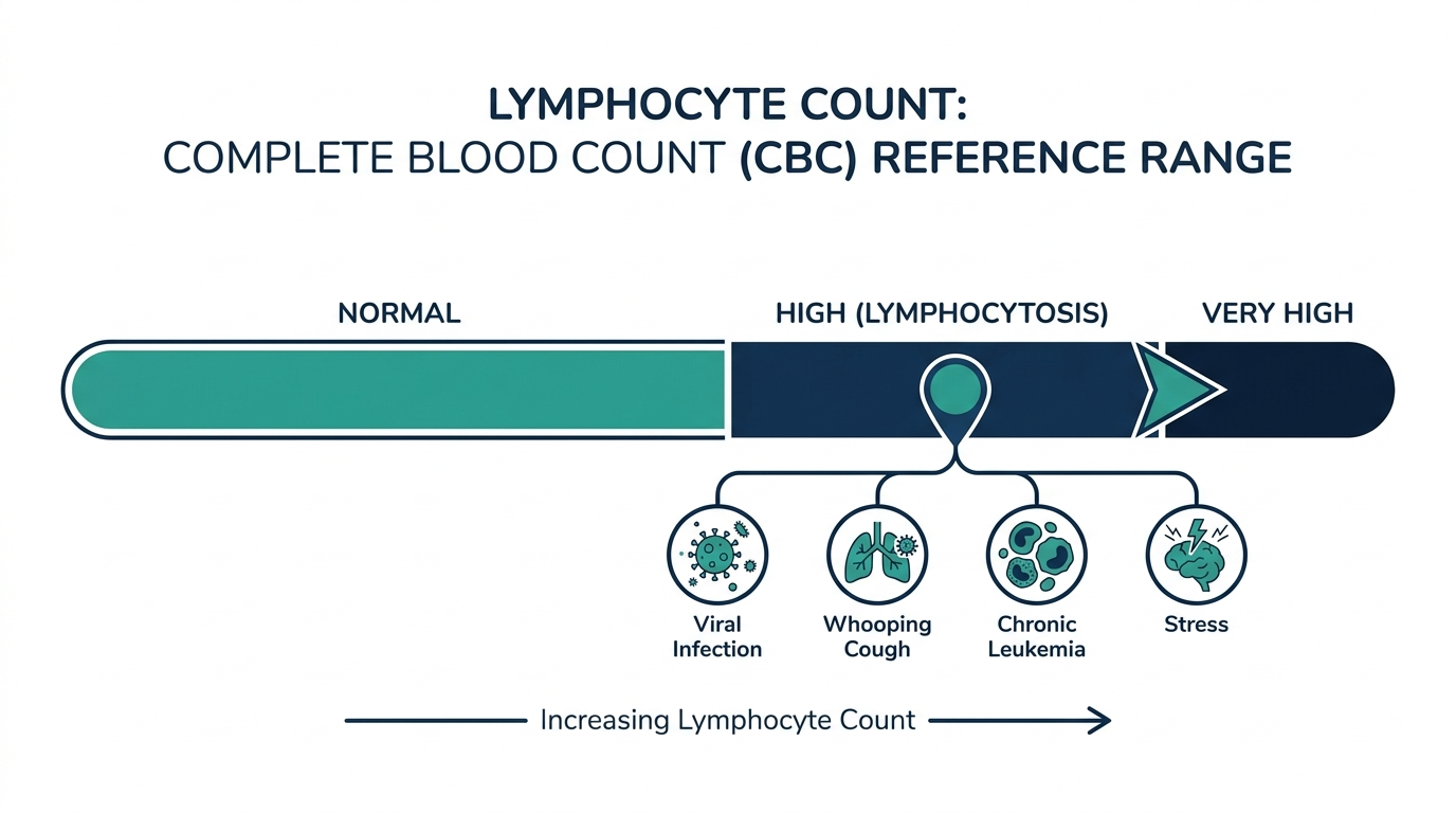 Schematic chart showing lymphocyte count reference bands from normal to very high, with common causes of an elevated result