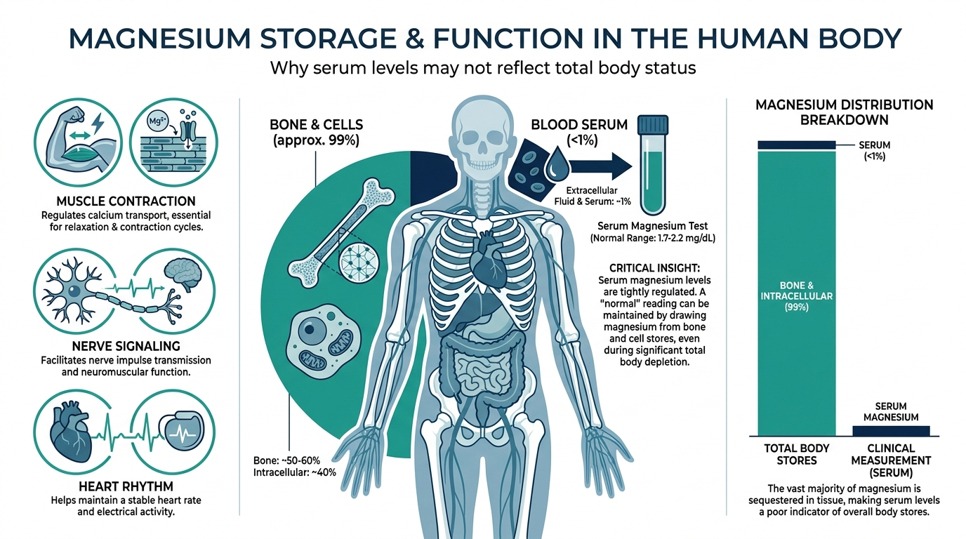 Diagram showing most magnesium stored in bone and cells with only a small fraction in blood serum, plus its roles in muscle, nerve, and heart function