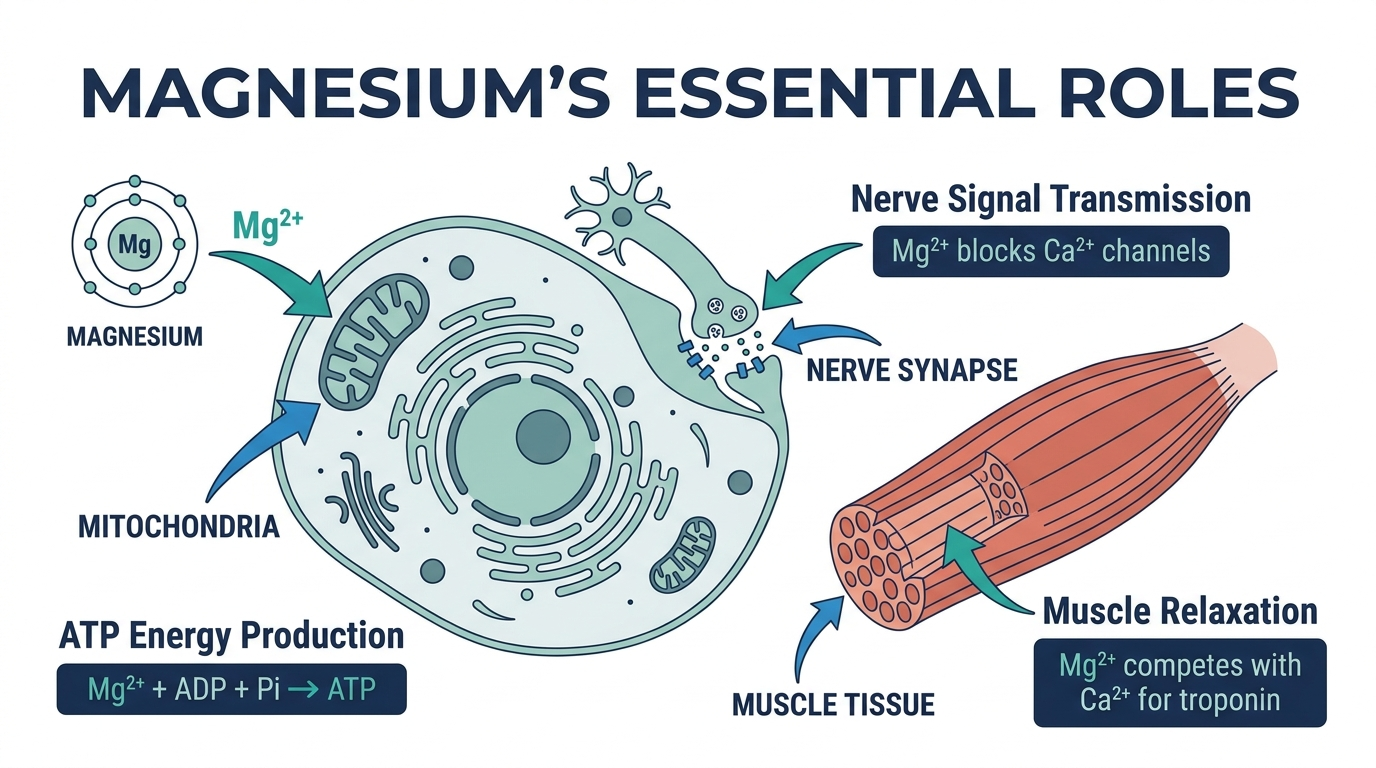 Diagram of a cell and muscle fiber showing magnesium's role in ATP energy production, nerve signaling, and muscle relaxation