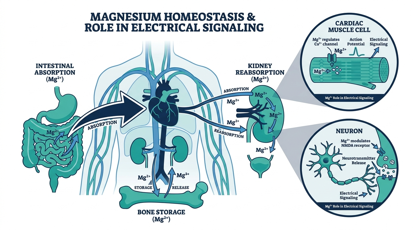 Diagram of magnesium homeostasis showing intestinal absorption, kidney reabsorption, bone storage, and its role in heart and nerve cell signaling
