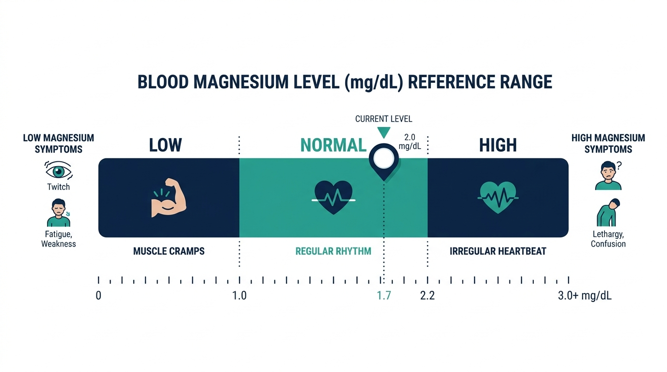 Reference range chart showing low, normal, and high bands for blood magnesium level in mg/dL with related symptoms