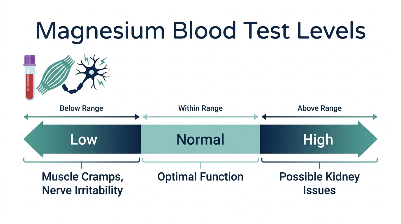 Schematic chart showing low, normal, and high magnesium blood test reference bands