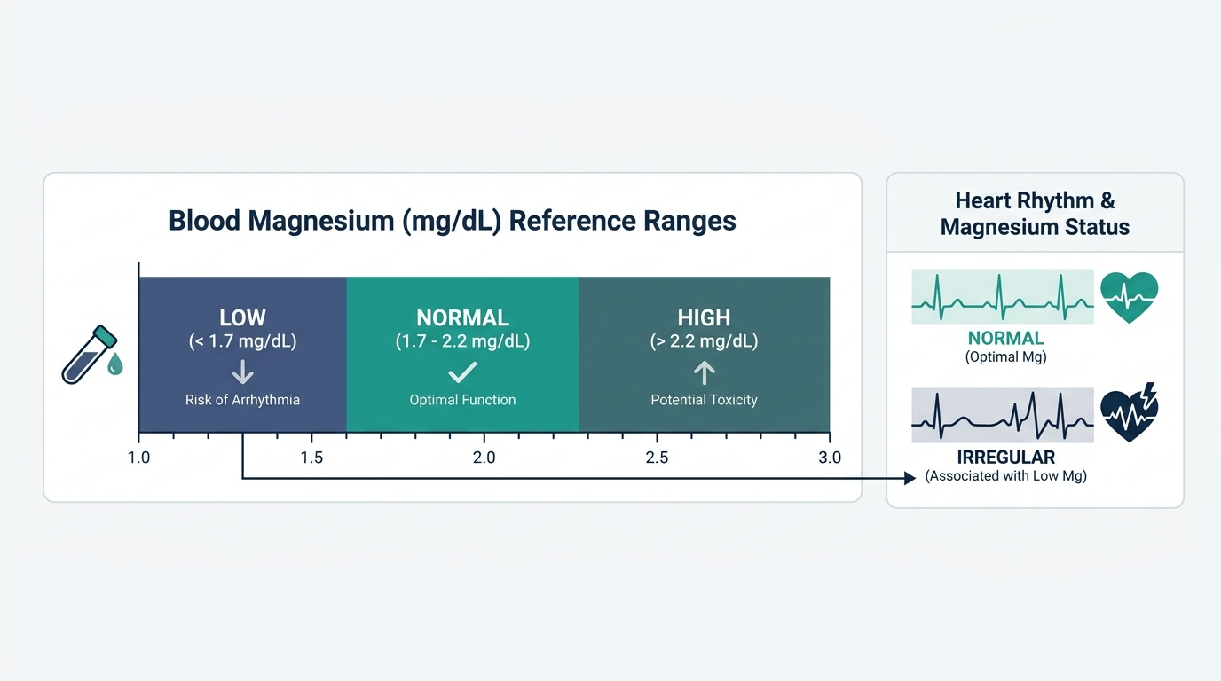 Chart showing low, normal, and high magnesium reference bands next to a comparison of normal and irregular heart rhythm strips