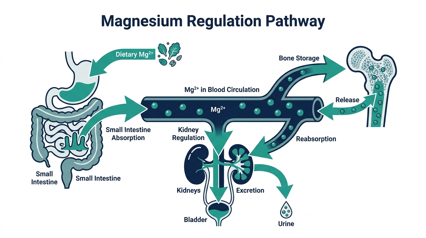 Diagram of magnesium regulation showing intestinal absorption, blood circulation, bone storage, and kidney reabsorption