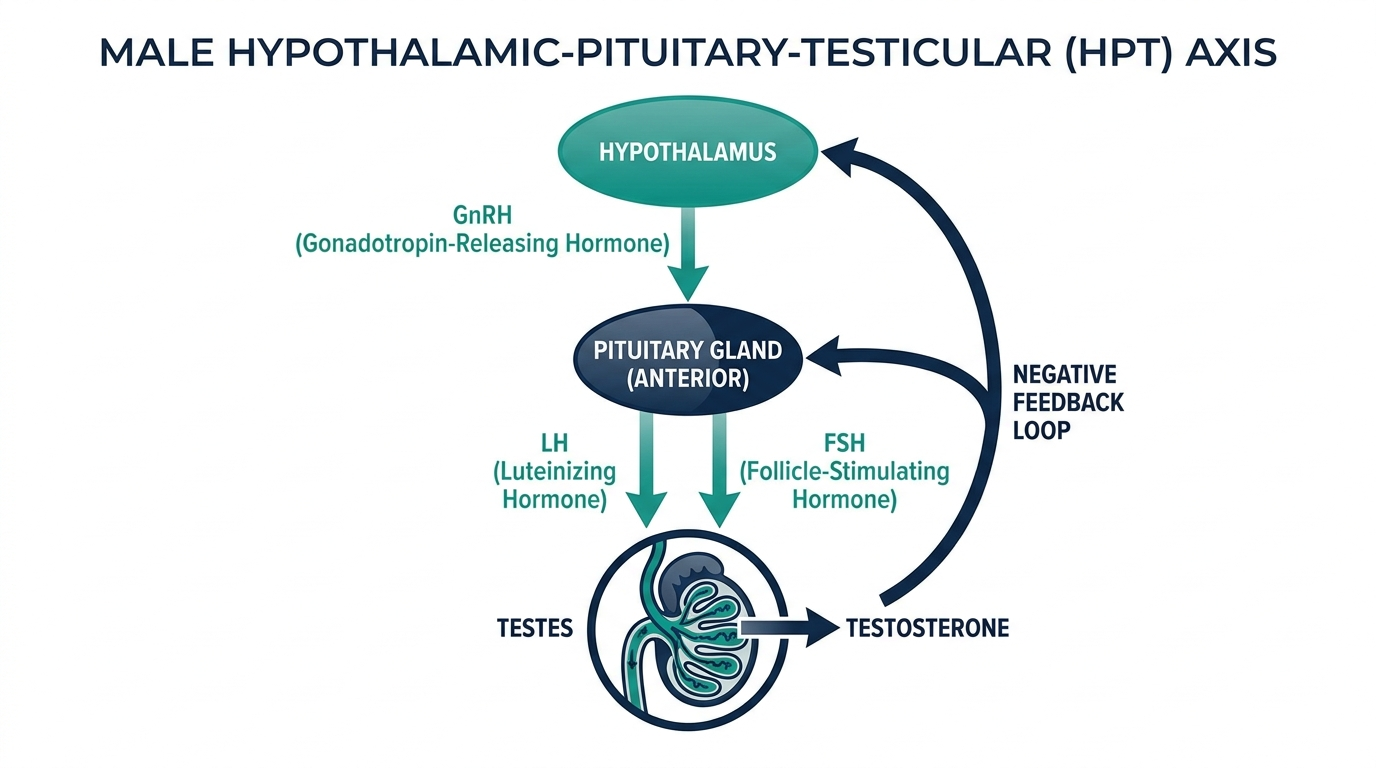 Diagram of the male hypothalamic-pituitary-testicular hormone axis showing LH and FSH signaling and testosterone feedback