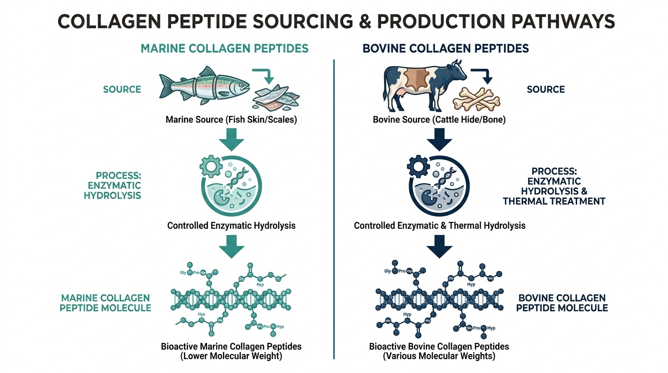 Diagram comparing the sourcing pathway of marine collagen from fish to hydrolyzed peptides versus bovine collagen from cattle
