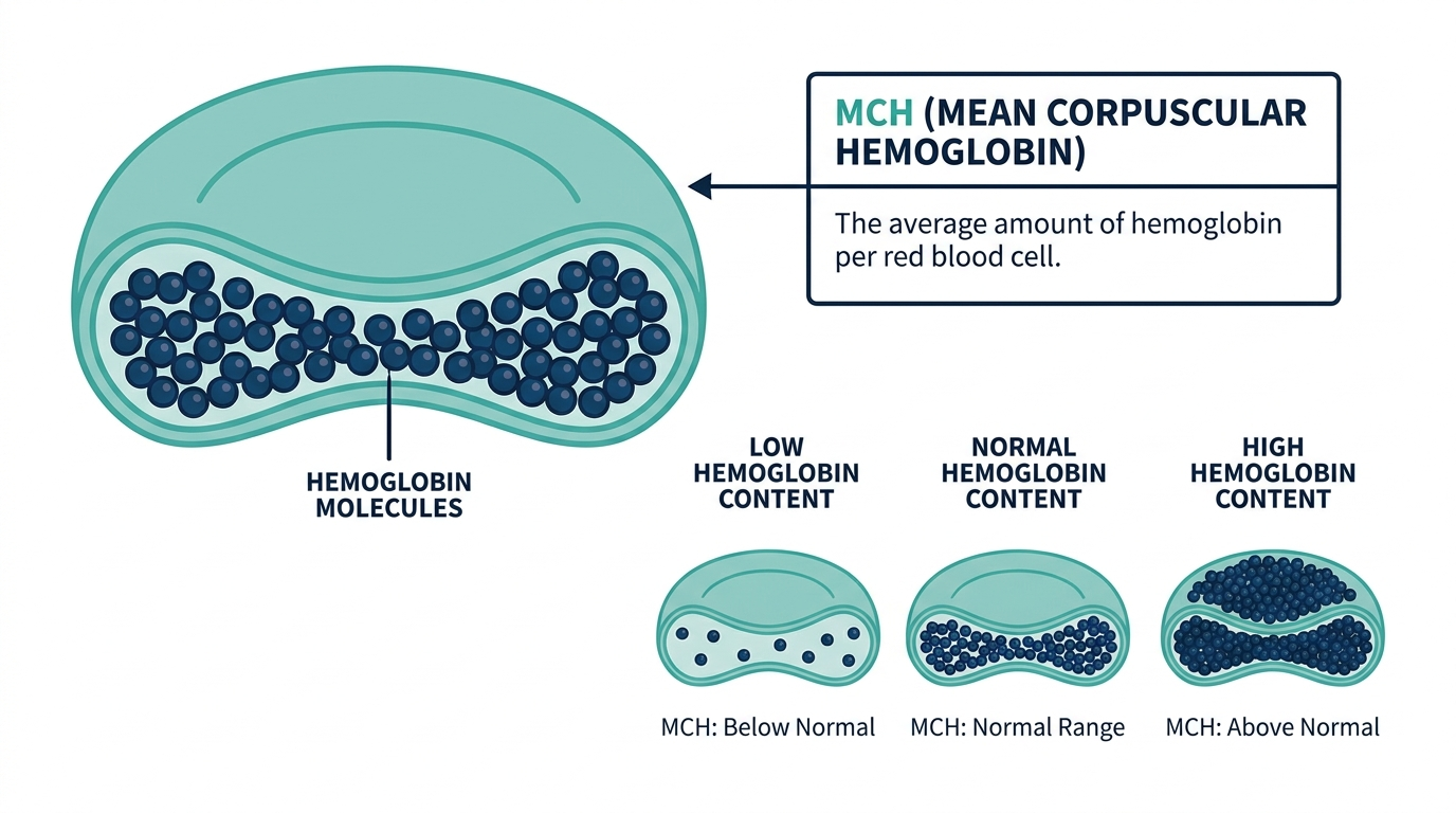 Diagram of a red blood cell cross-section showing hemoglobin content, comparing low, normal, and high MCH cells