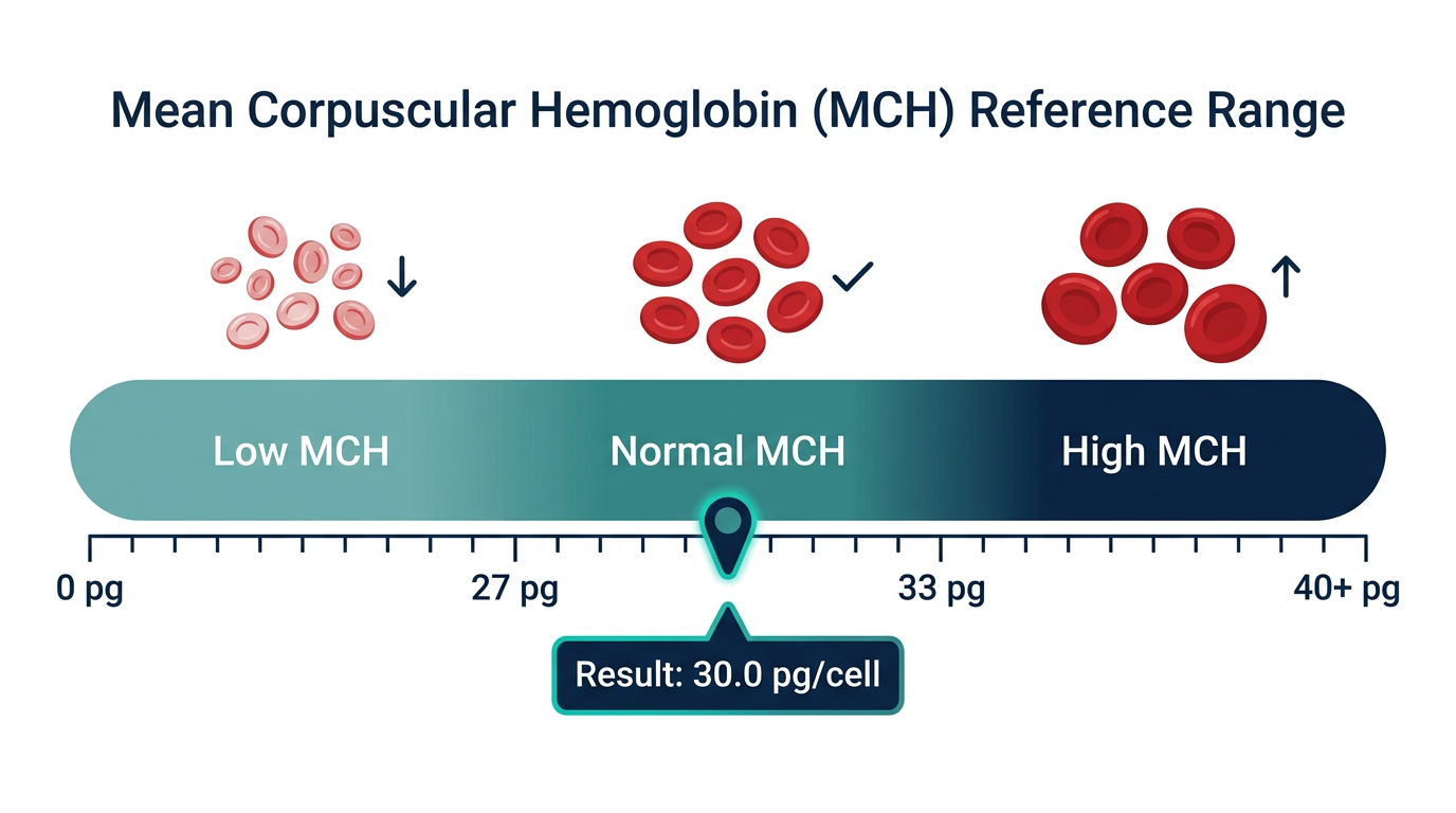 Reference range chart showing low, normal, and high bands for Mean Corpuscular Hemoglobin (MCH) blood test results