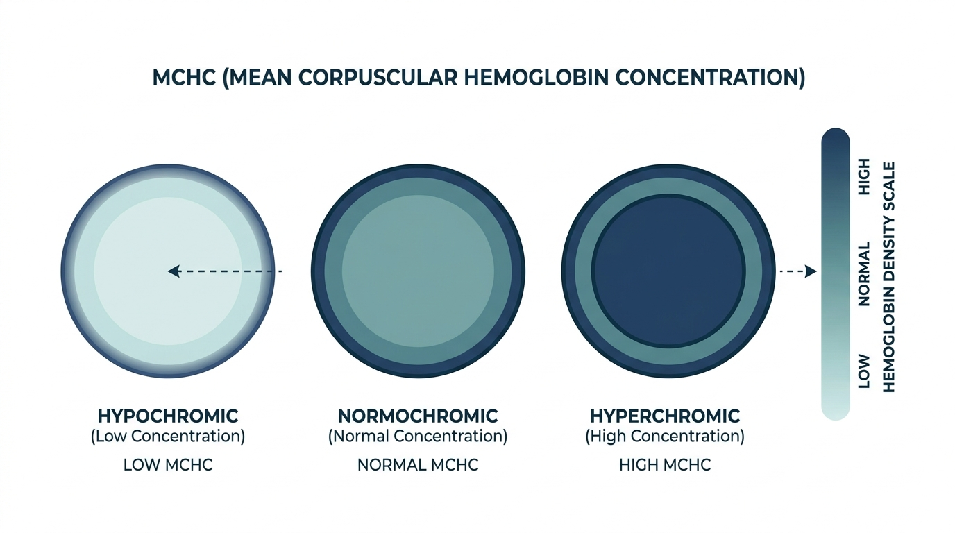 Diagram comparing pale hypochromic, normal normochromic, and dark hyperchromic red blood cells to illustrate MCHC