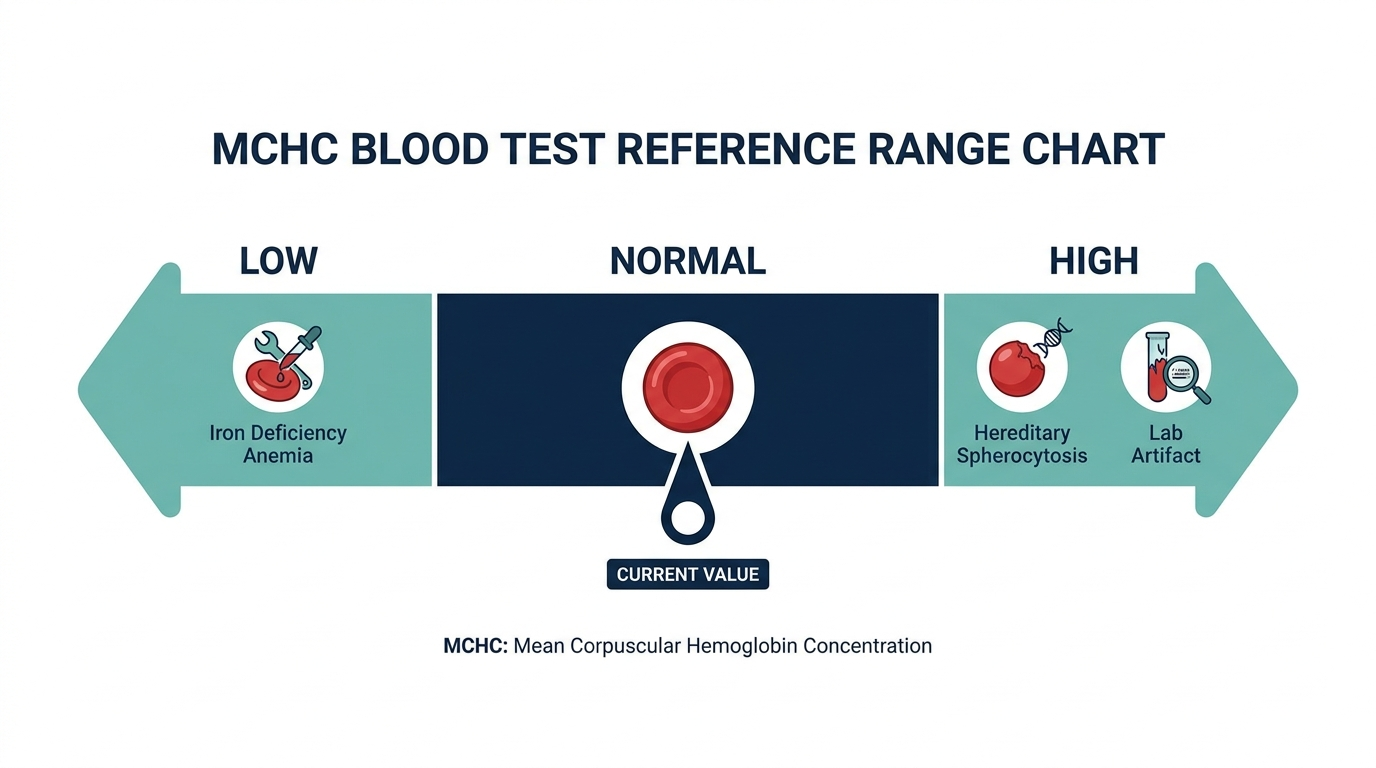 Schematic chart of MCHC reference range bands showing low, normal, and high zones and linked conditions