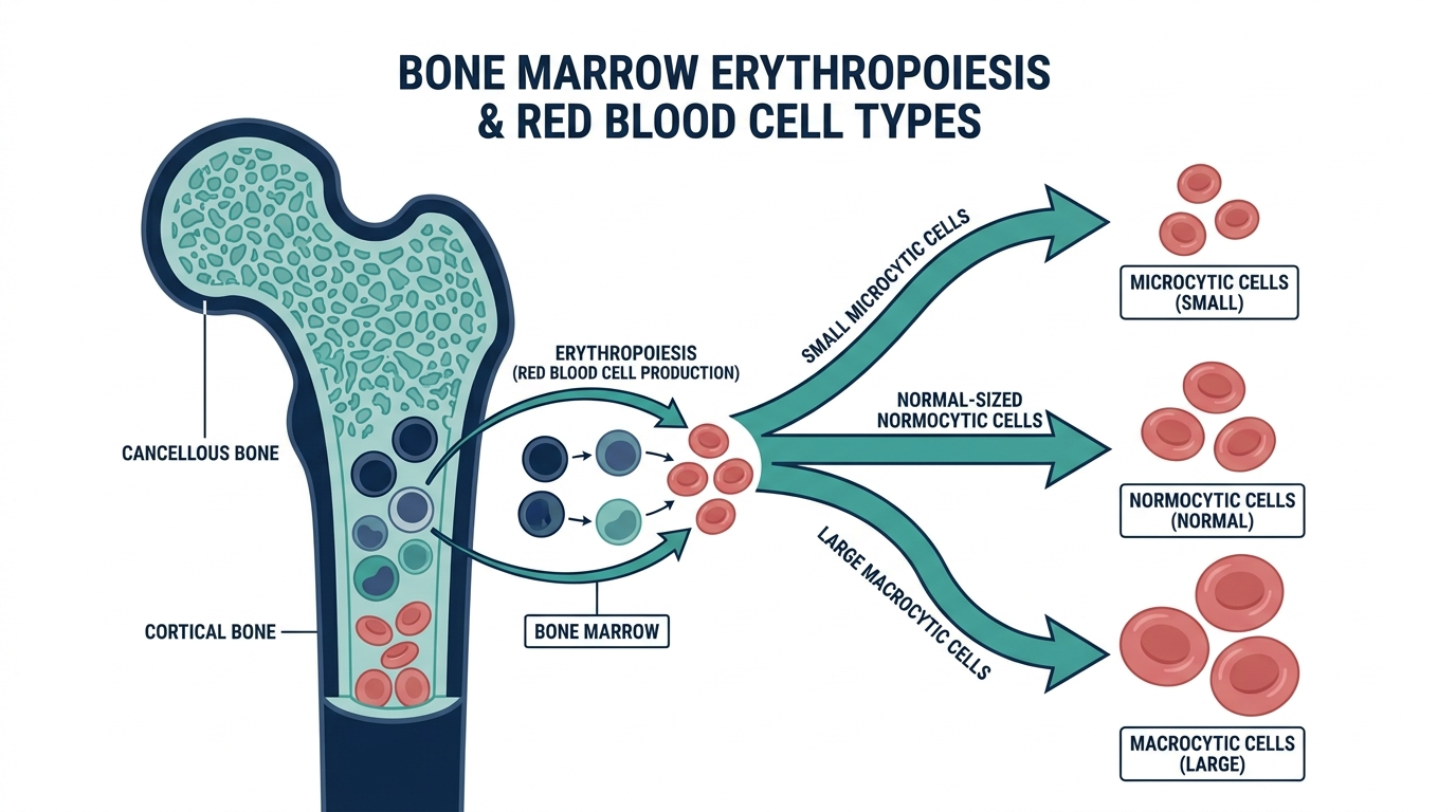 Diagram of bone marrow erythropoiesis producing microcytic, normocytic, and macrocytic red blood cells