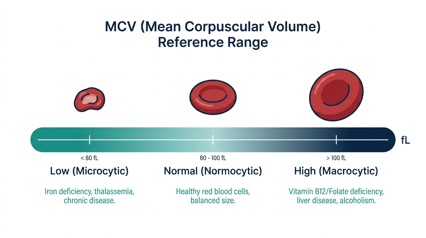 MCV reference range chart showing low microcytic, normal, and high macrocytic bands with relative red cell sizes