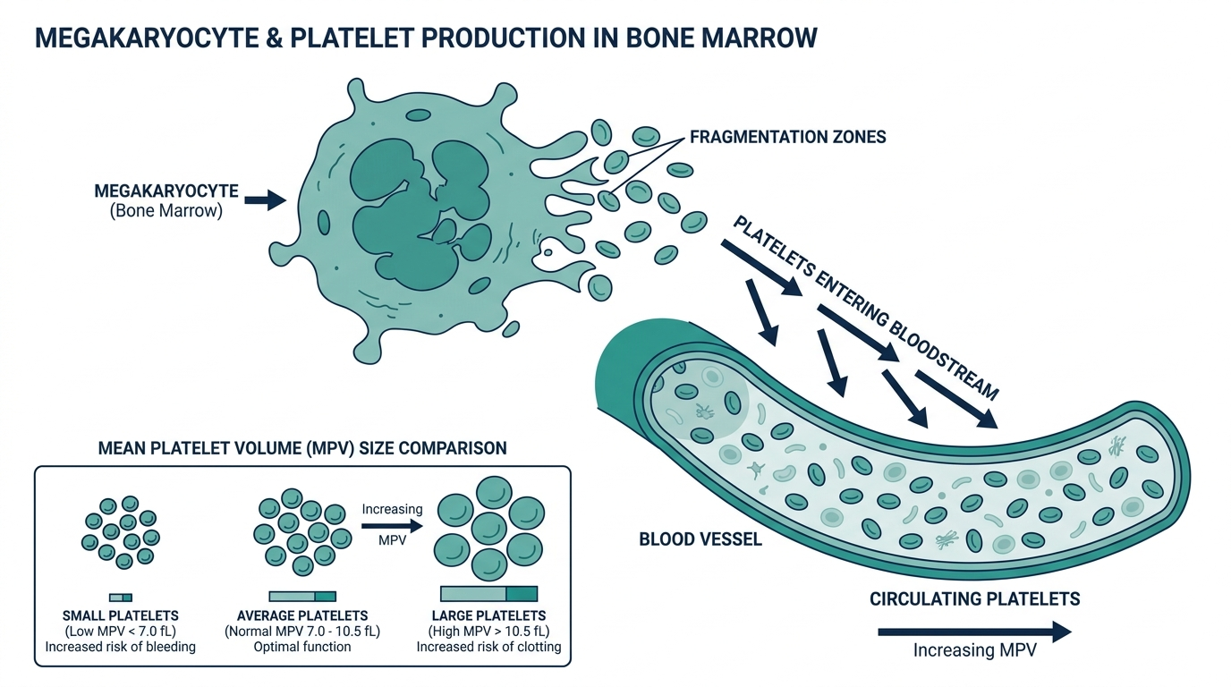 Diagram of a bone marrow megakaryocyte fragmenting into platelets of varying sizes that enter the bloodstream