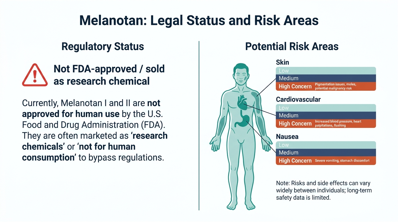 Chart showing melanotan is not FDA-approved and is sold as a research chemical, with schematic risk areas including skin, cardiovascular, and nausea concerns