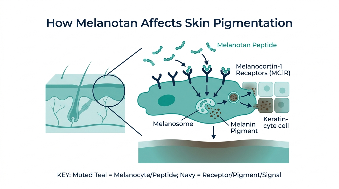 Diagram showing melanotan peptide binding to MC1R receptors on skin melanocytes and triggering increased melanin production