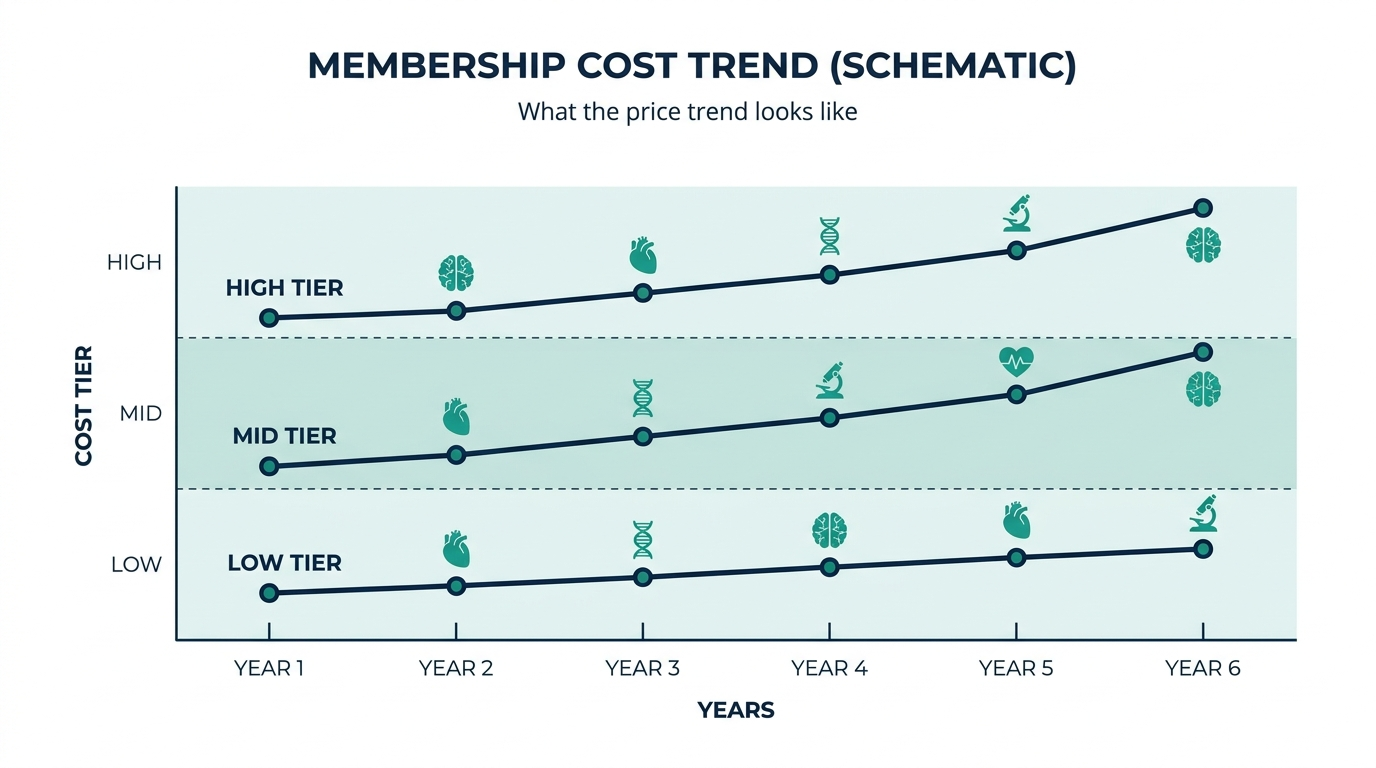 Schematic chart showing membership cost tiers trending across recent years