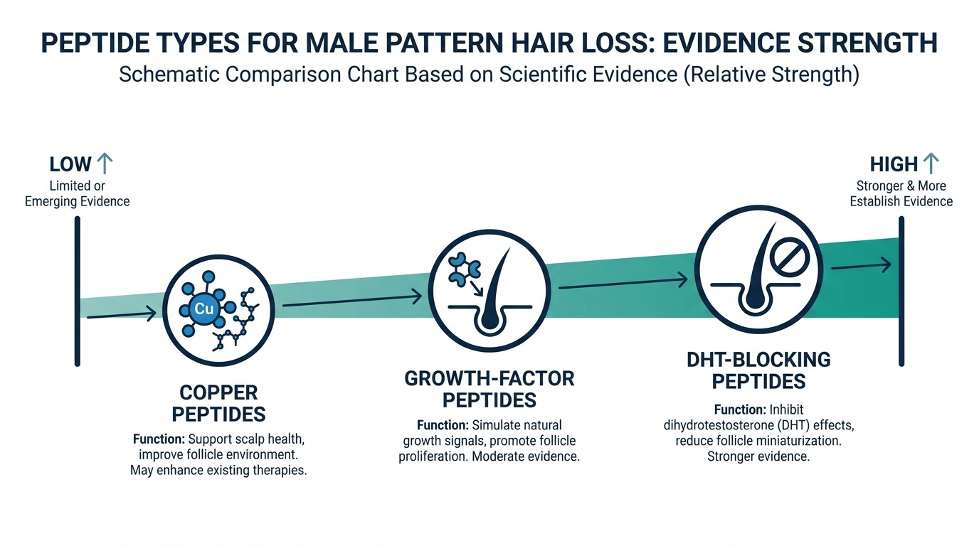 Schematic comparison chart of men's hair-growth peptide types by evidence strength for male pattern hair loss
