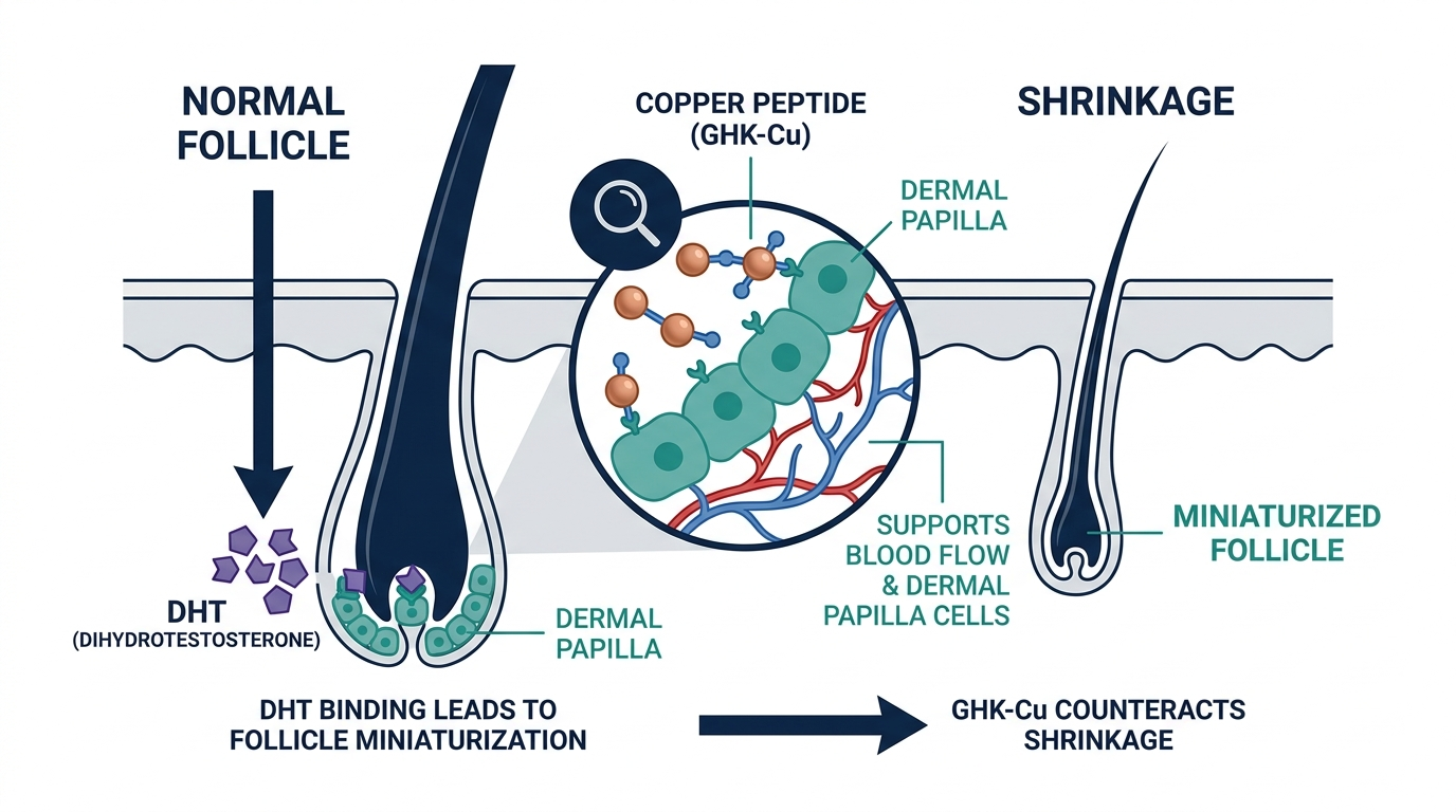 Cross-section diagram of a hair follicle showing DHT-driven miniaturization and copper peptide support of the dermal papilla