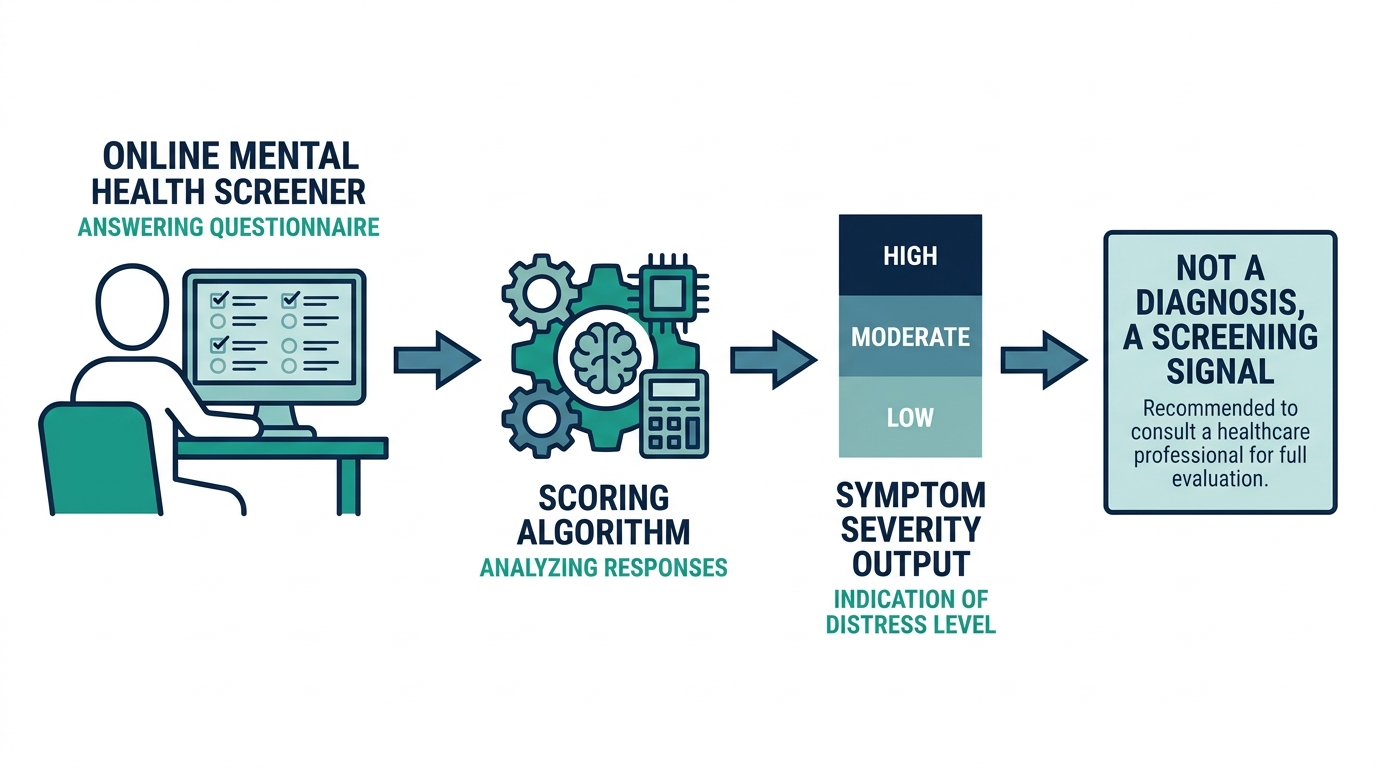Flow diagram showing how an online mental health screener turns questionnaire answers into a severity signal, not a diagnosis