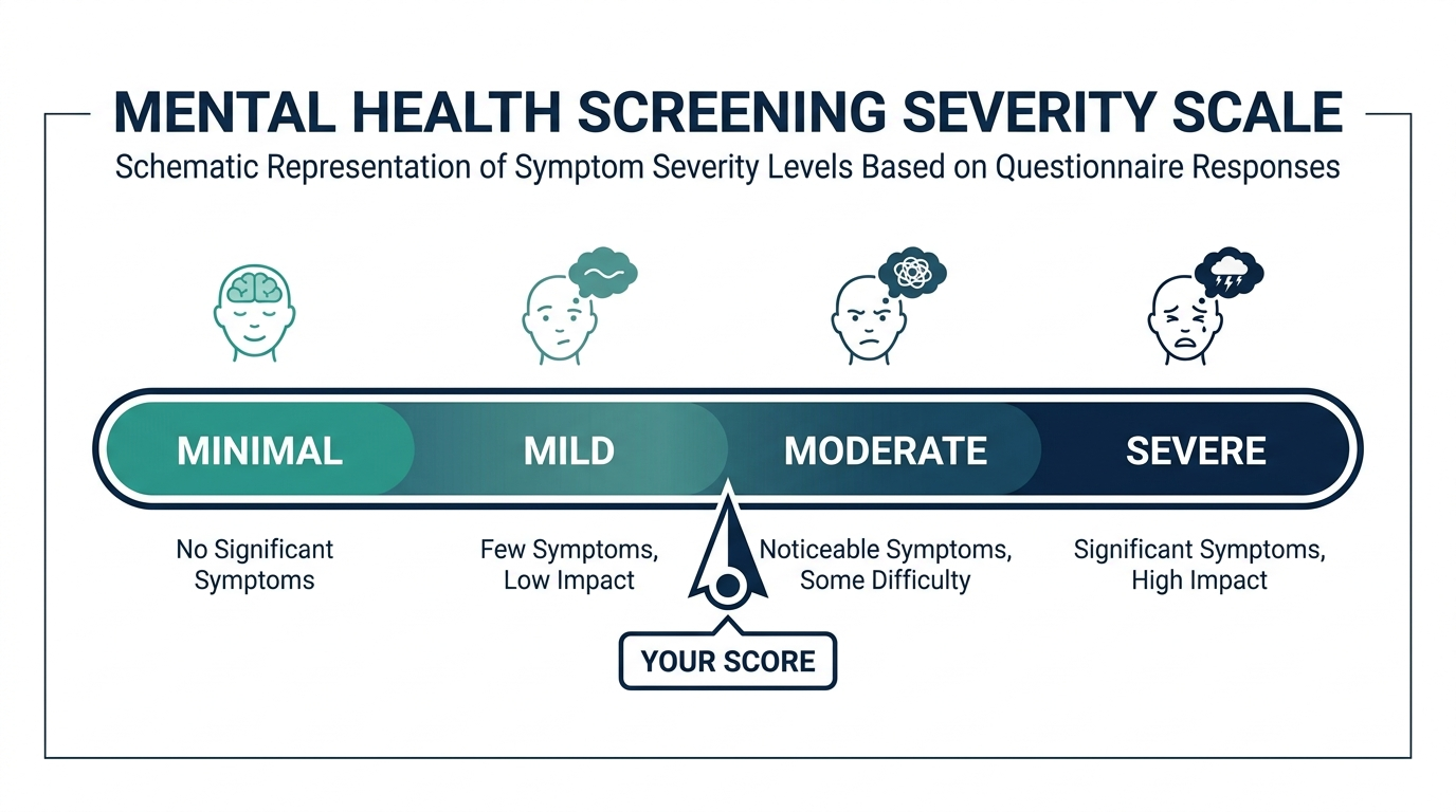 Schematic severity scale chart with minimal, mild, moderate, and severe bands for a mental health screening score