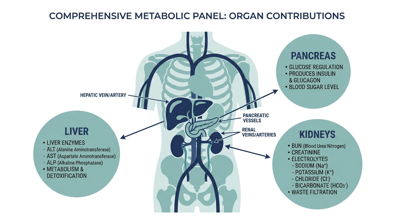 Anatomical diagram of the pancreas, liver, and kidneys labeled with the markers each organ contributes to a metabolic panel