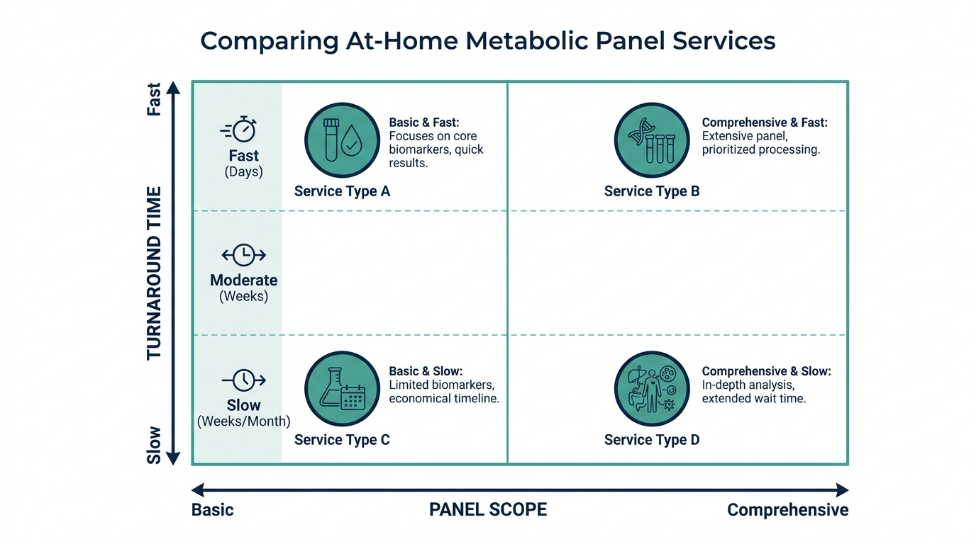 Quadrant chart comparing at-home metabolic panel services by panel scope and turnaround time