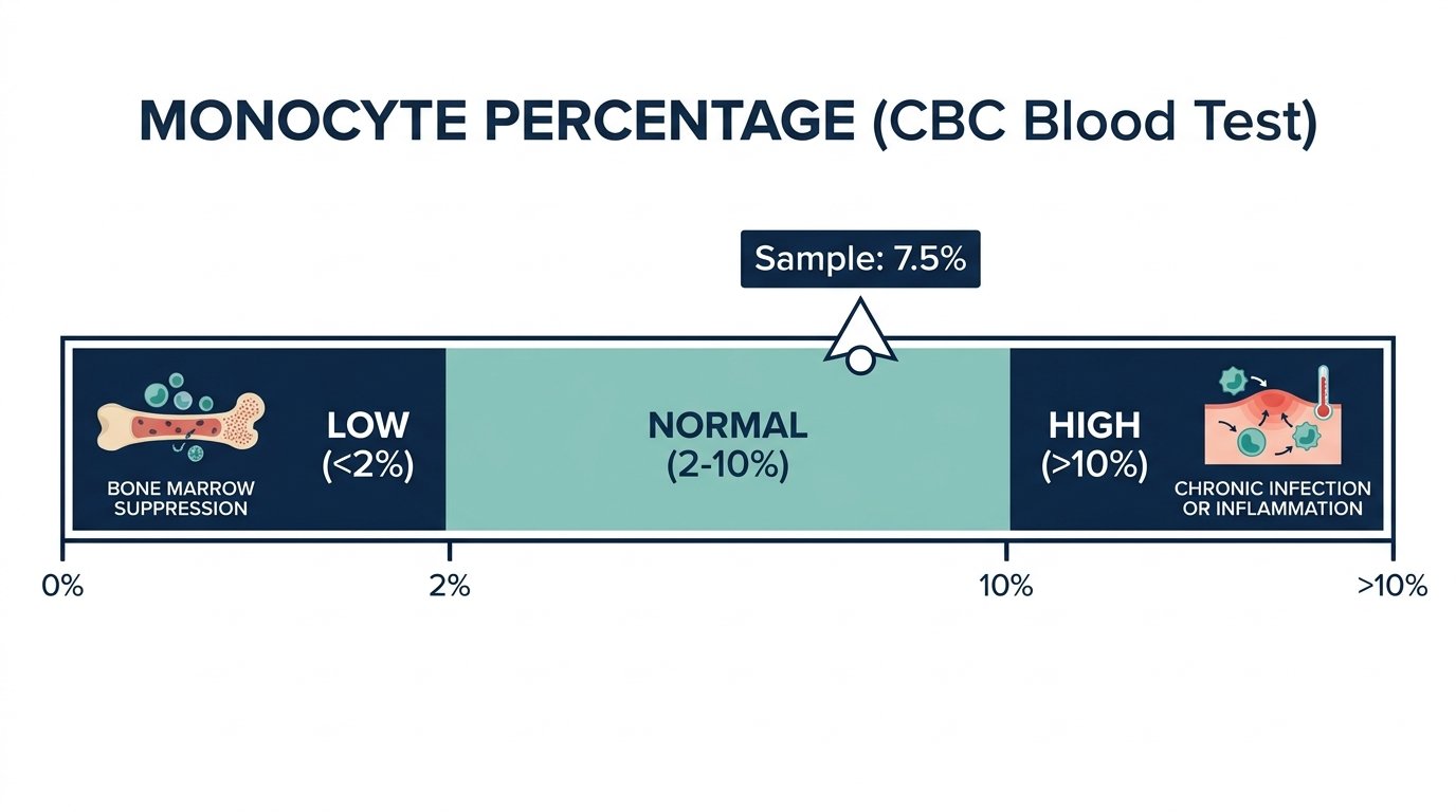 Reference range chart showing low, normal, and high monocyte percentage on a CBC test