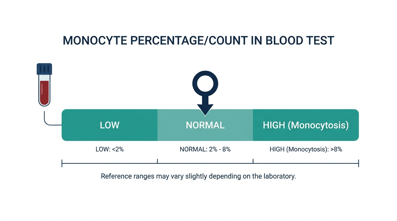 Reference range chart showing low, normal, and high monocyte count
